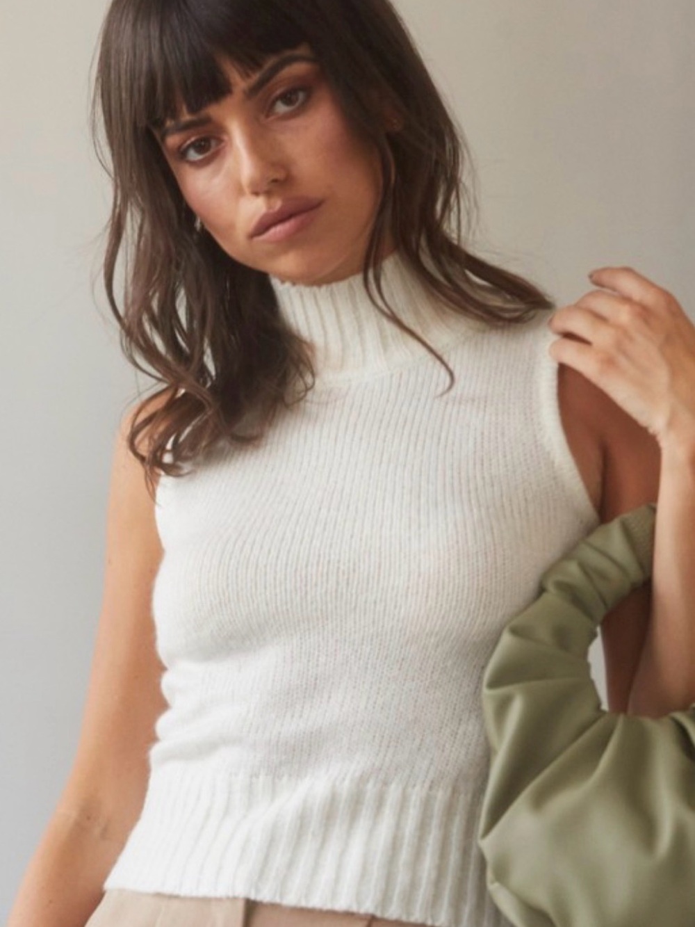 Crescent Cream Sleeveless Turtleneck Rib Knit Sweater